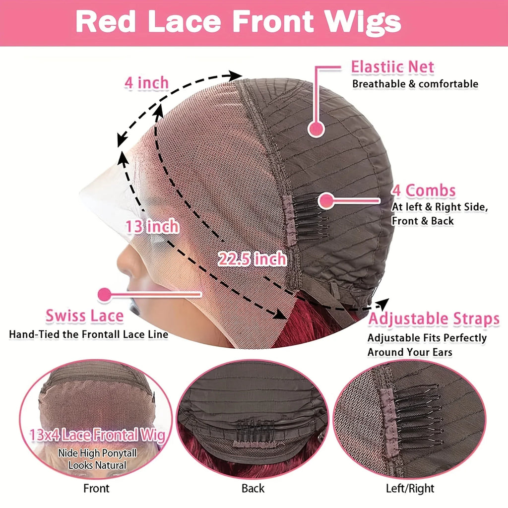 250% Density Body Wave Wig Burgundy 99J Lace Front Wig 13x4 HD Lace Frontal Wig Human Hair Pre Plucked 99j Red Colored Wig
