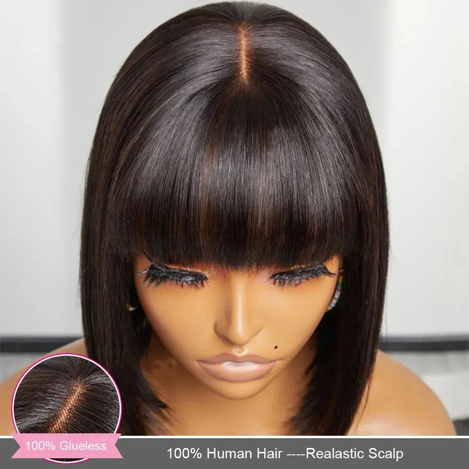 Straight Human Hair Wigs With Bangs Fringe Middle Part Bob Lace Wigs Realistic Scalp Brazilian Straight Bob Lace Wigs With Bangs