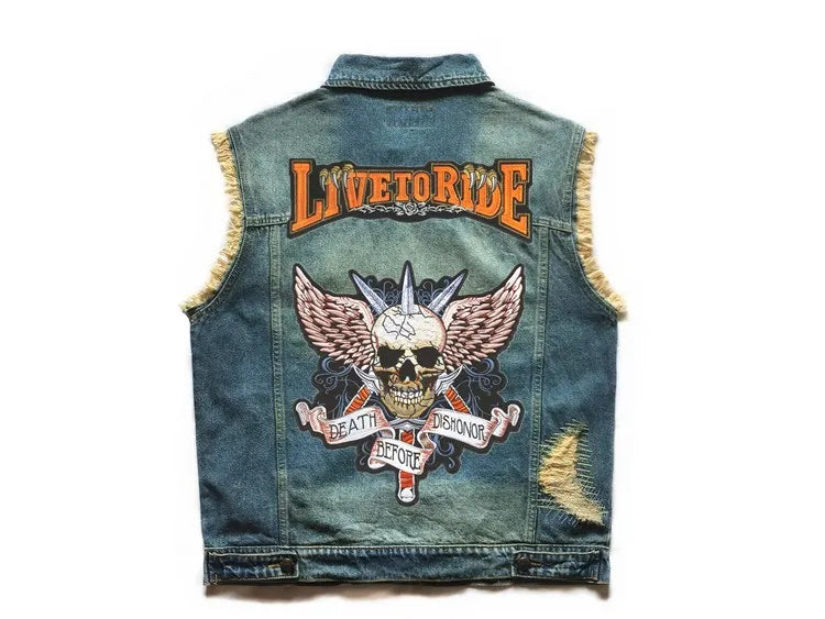 Embroidered Denim vest blue Jeans Patchwork Motorcycle Biker Jeans Sleeveless jacket punk Cowboy Fashion vest live to ride 6XL