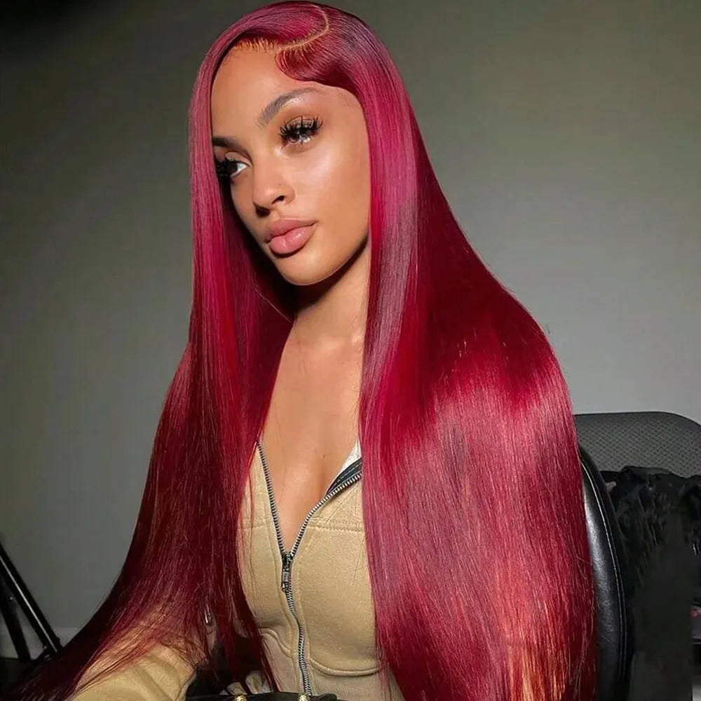 34 Inch 99j Burgundy Red 13X4 Straight Lace Front Wigs Human Hair Transparent Lace Frontal Wigs For Women 250% Density