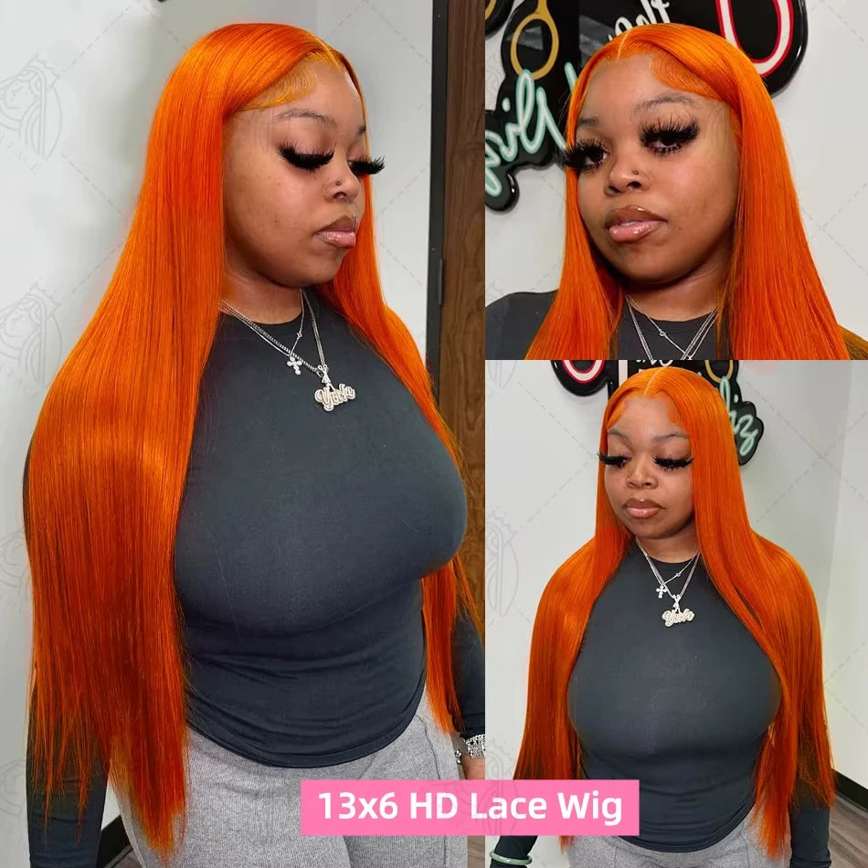 40 Inch Ginger 0range Bone Straight Hd Lace Human Hair Wig 13x6 Hd Lace Frontal Real Colored Brazilian Preplucked Wigs For Women