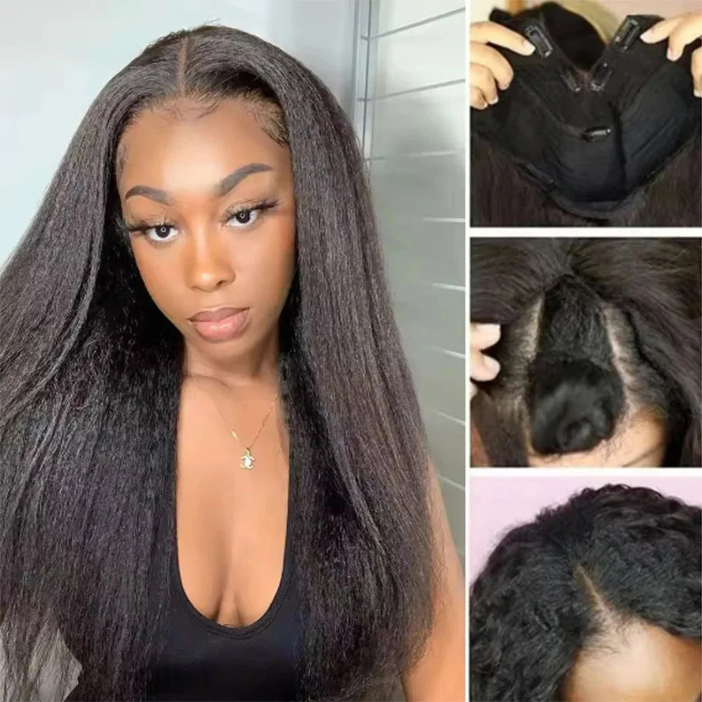 V Part Kinky Straight Wig Human Hair For Women 200% Density Beginnger Friendly Upgraded U Part  Wigs In Natural Color 12-32 Inch