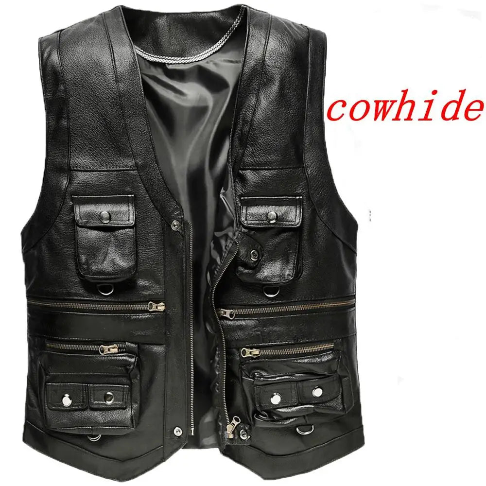 2025 Cowhide Genuine Leather Vest Men Waistcoat Male Sleeveless Jacket Thick Motorcycle Vest Multi Pocket leather biker vest