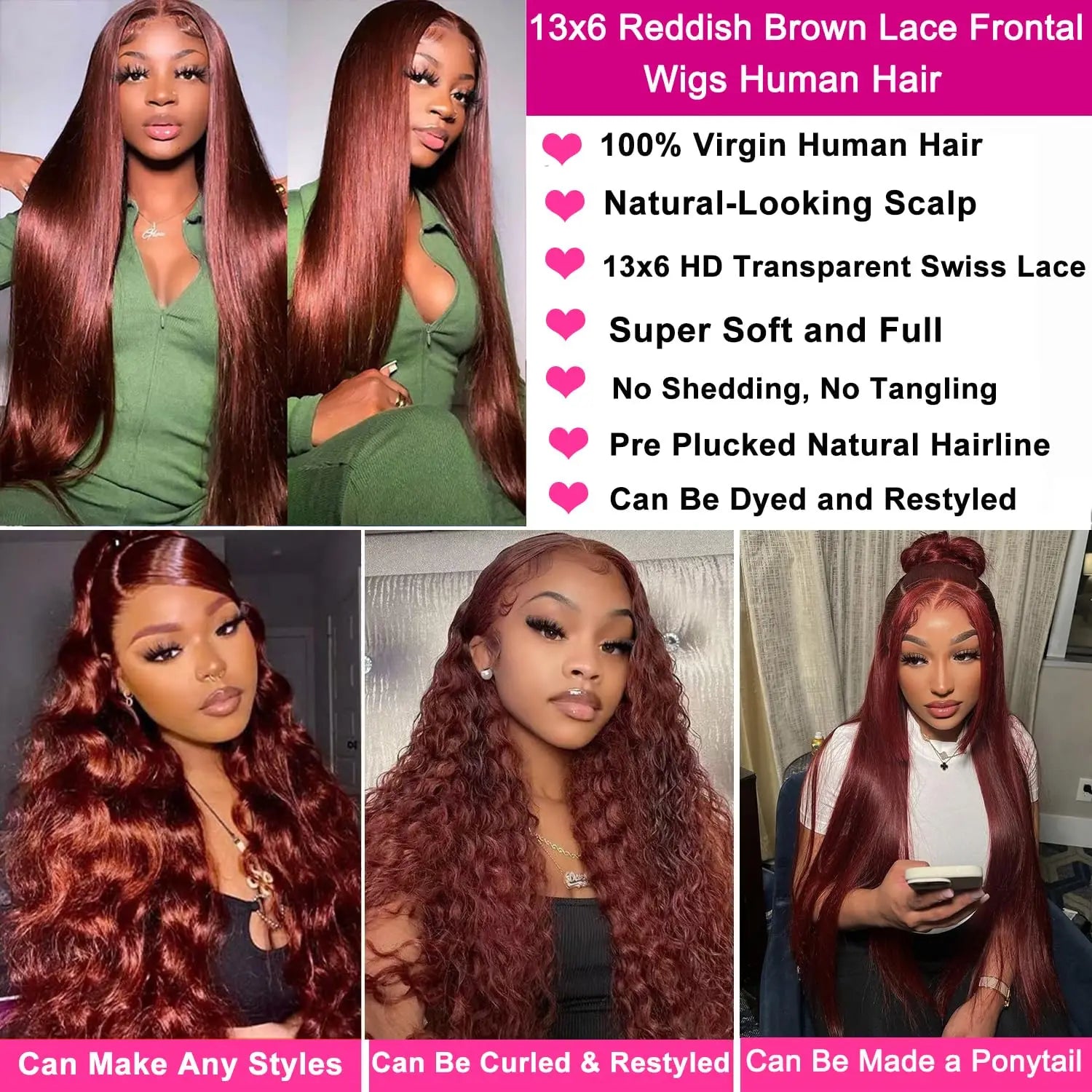 40 Inch Reddish Brown Lace Front Wigs Human Hair Pre Plucked 200% Density Straight Lace Frontal Wig Human Hair 13x6 HD Lace Wigs