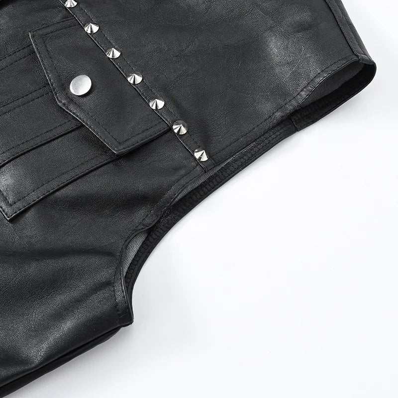Men's Punk Style Leather Biker Waistcoat With Rivets Fashion High Streetwear Motorcycle Rider Vests PU Sleeveless Jacket