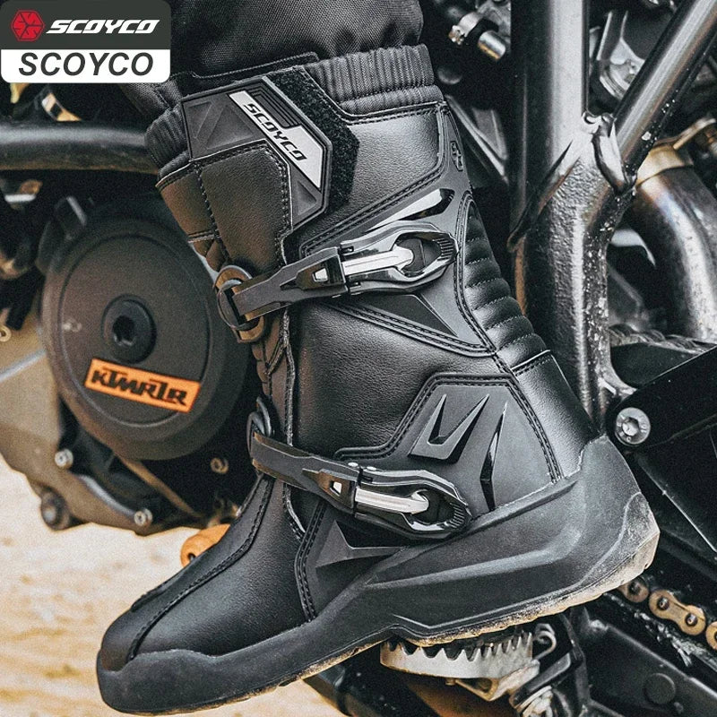 SCOYCO Motorcycle Protective Boots Waterproof Enduro Riding Shoes TPU Leather Anti-slip Motocross Rally High Top Boot botas moto