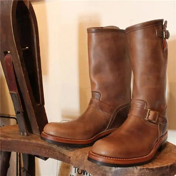 Men Retro Motorcycle Riding Boots Round Middle Boots Flat Bottomed Boots Men Trendy PU Leather Shoes Botas Para Moto Hombre