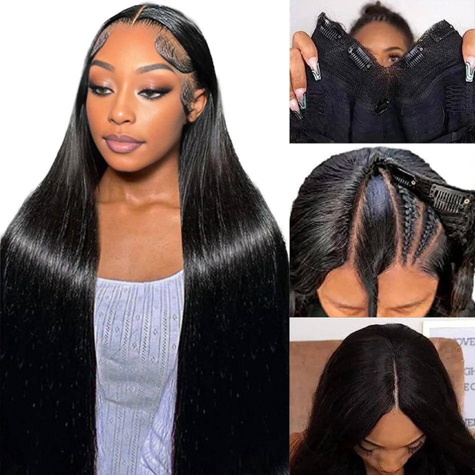 V Part Wigs Human Hair Straight Human Hair Wigs No Leave Out No Sew-In Glueless 220 Density Natural Black Beginner Friendly
