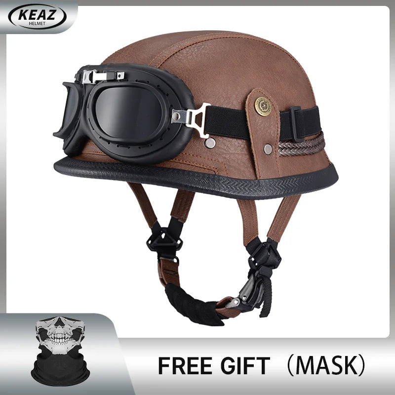 Factory Price Motorcycle German Style Leather Half Face Helmet DOT Approved Cap1/2 Shell Helmets+Goggles Open-Face Casque