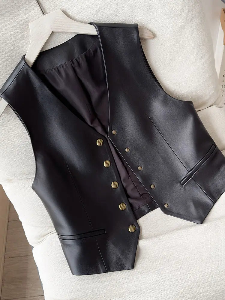 2026 New Spring Autumn Faux Leather Vests Woman Single Button Motorcycle Biker Pu Jackets Female All Match PU Waistcoat Outwear