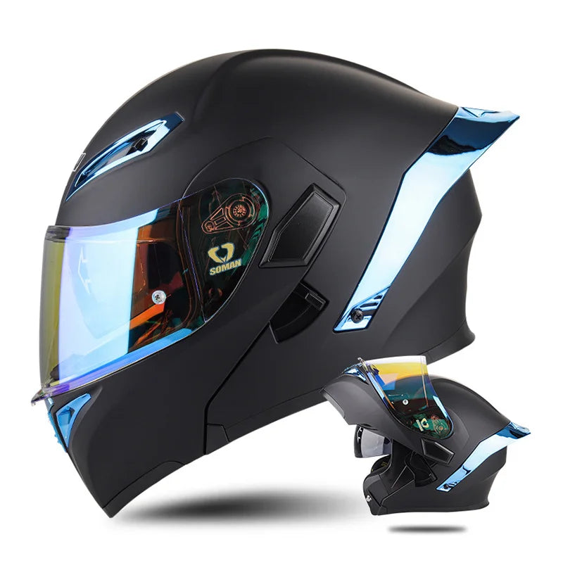 DOT Approved Men Motorcycle Helmet Dual Lens Flip Up Helmets Vintage Retro Full Face Moto Helmet Double Lens Modular Helm