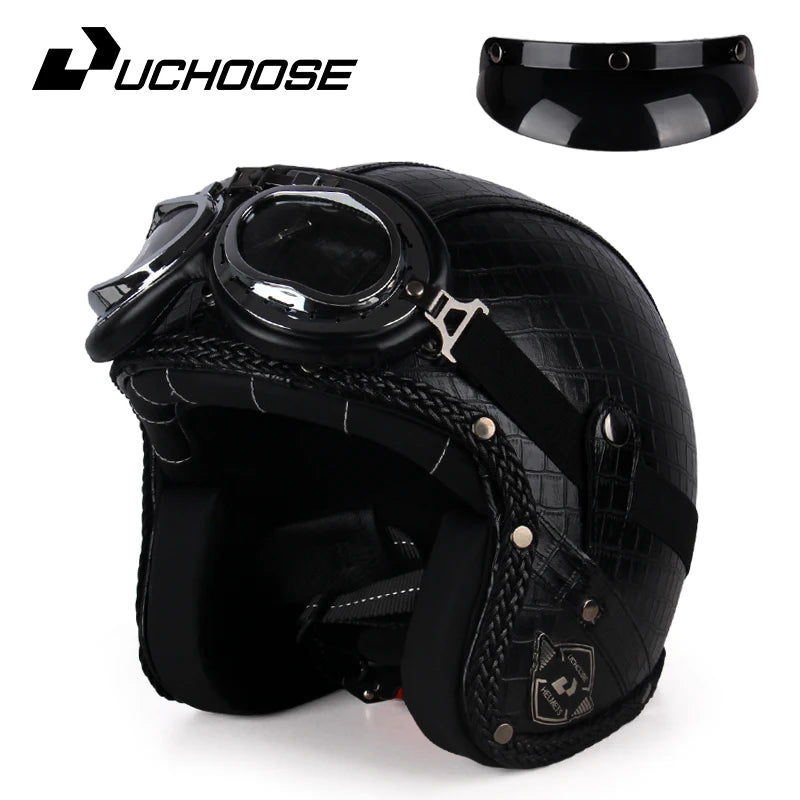 UCHOOSE Retro Motorcycle Helmet PU Leather Open Face 3/4 Chopper Bicycle Helmets Classic Casco Moto Vintage