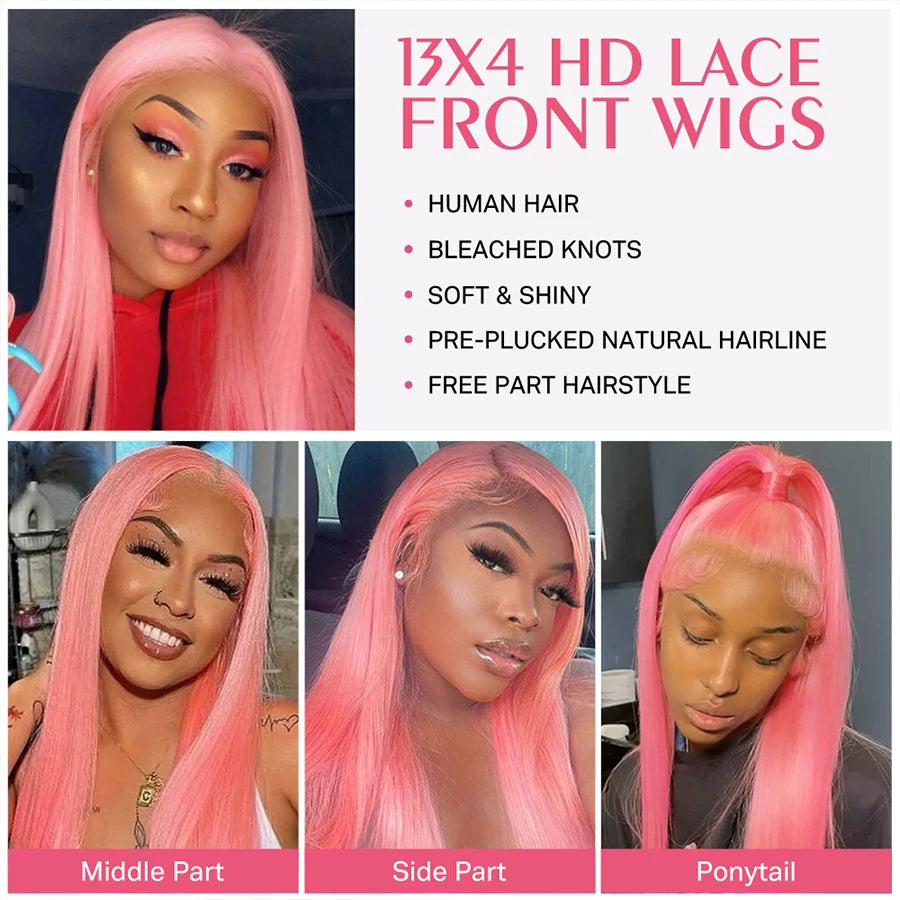 13x6 Pink Wig Lace Frontal Human Hair Wig Brazilian 13x4 HD Lace Front Wigs Pre Plucked Pre Bleached Bone Straight Colored Wigs