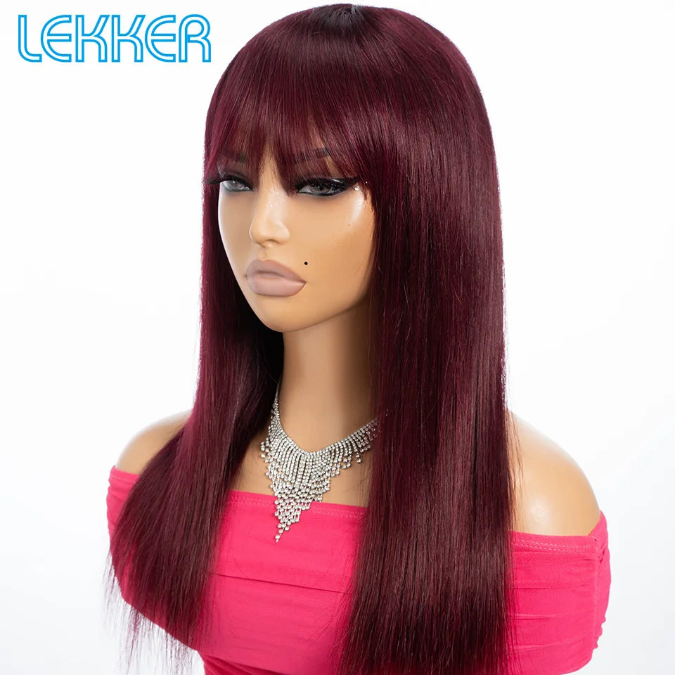 Lekker 99J Burg Red Long Straight 100% Human Hair Wig With Bangs For Women Brazilian Remy Hair Colored Full Machine Glueless