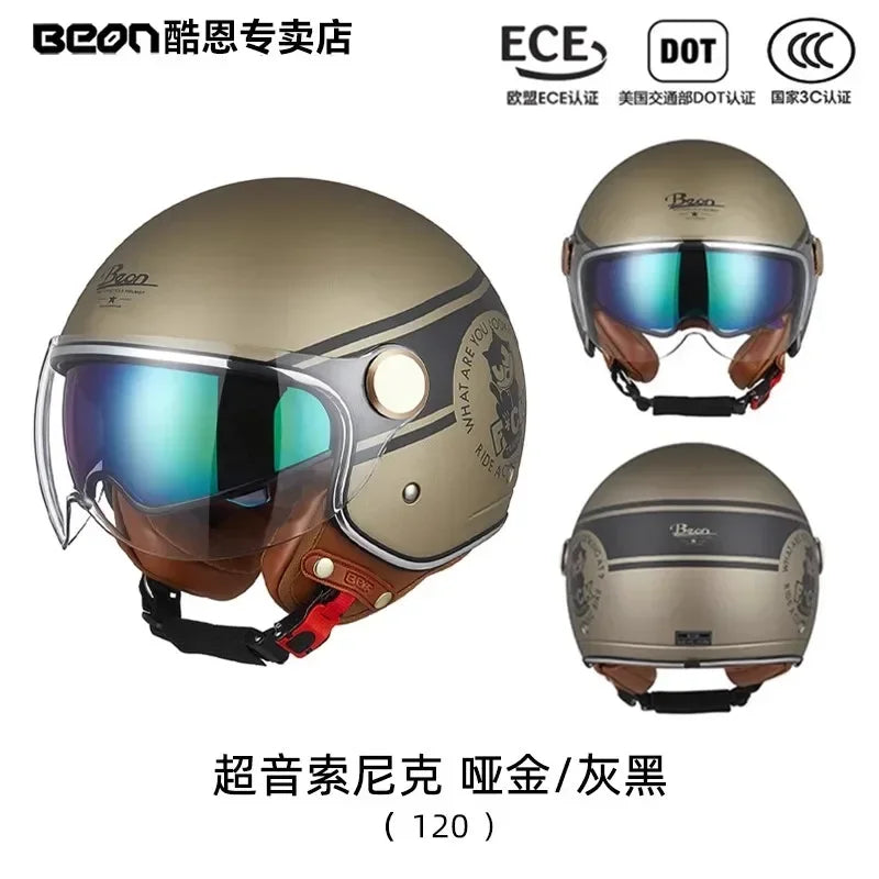 BEON Motorcycle Retro Style Helmet Electric Bike Riding Three-quarters Half Helmet Lightweight Dual Lens Safety Helmet