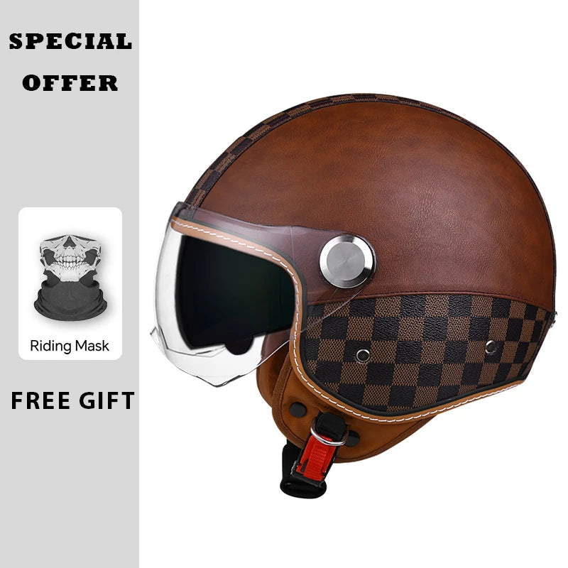 Black Leather Open Face Motorcycle Helmets Men Women Vintage Jet Moto Helmet DOT Retro 3/4 Half Helmet Pedal Personality Scooter