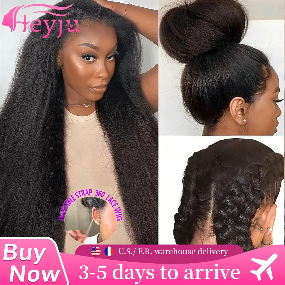 Heyju Wig Invisible Strap 360 HD Full Lace Glueless Wig Kinky Straight Lace Frontal Wig Yaki Straight Lace Front Human Hair Wig