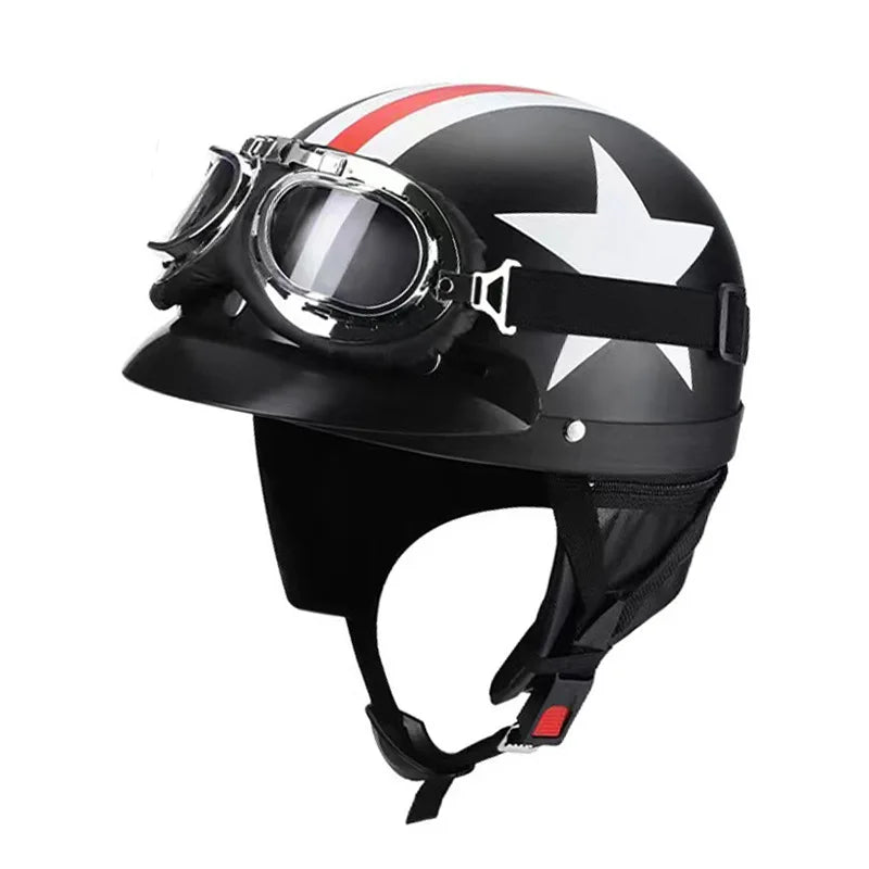 Retro Leather Motorcycle Helmets For Men Women Vintage Moto Half Helmet With Goggles Four Seasons Riding Scooter Capacetes