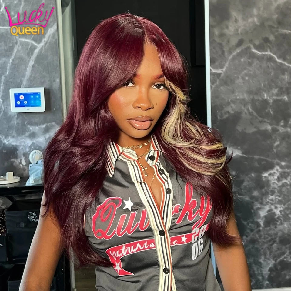 Burgundy with 613 Blonde Highlights Human Hair Wig Body Wave Transparent Pre Plucked Lace Frontal Brazilian 180Density For Women