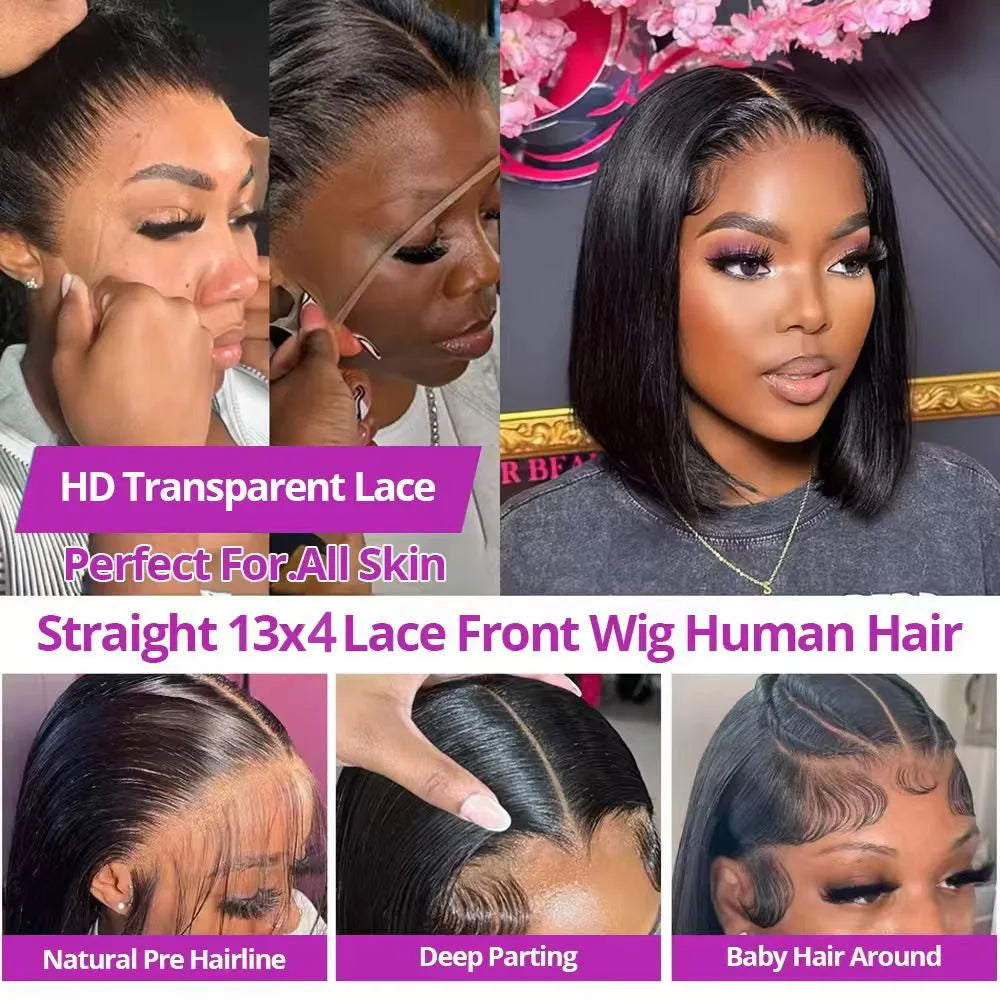 13x4 Straight Lace Frontal Bob Wig Pre Plucked 4x4 Human Hair Wigs Brazilian Remy Bone Straight Short Bob Wig For Women 14 Inch