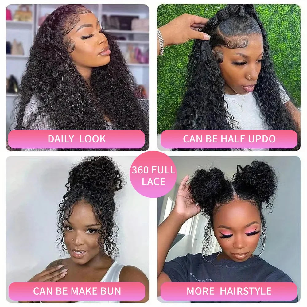 220%Density Human Hair Deep Wave 13x4 13x6 Lace Frontal with Pre-Plucked Hairline Women's 360 HD Lace Front Glueless Curly Wig