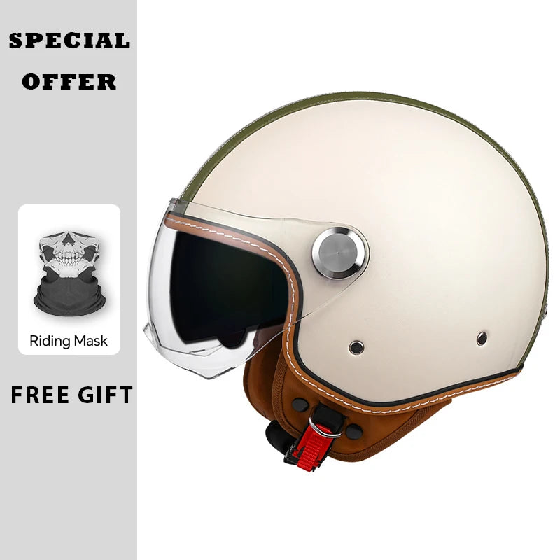 Black Leather Open Face Motorcycle Helmets Men Women Vintage Jet Moto Helmet DOT Retro 3/4 Half Helmet Pedal Personality Scooter