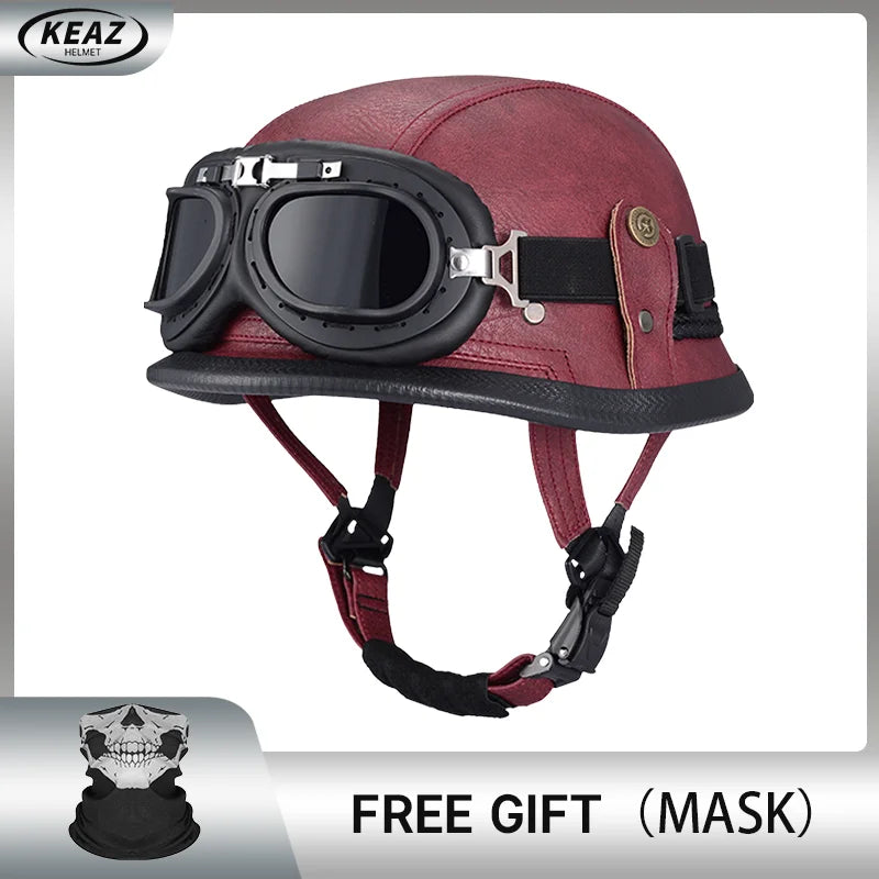 Factory Price Motorcycle German Style Leather Half Face Helmet DOT Approved Cap1/2 Shell Helmets+Goggles Open-Face Casque