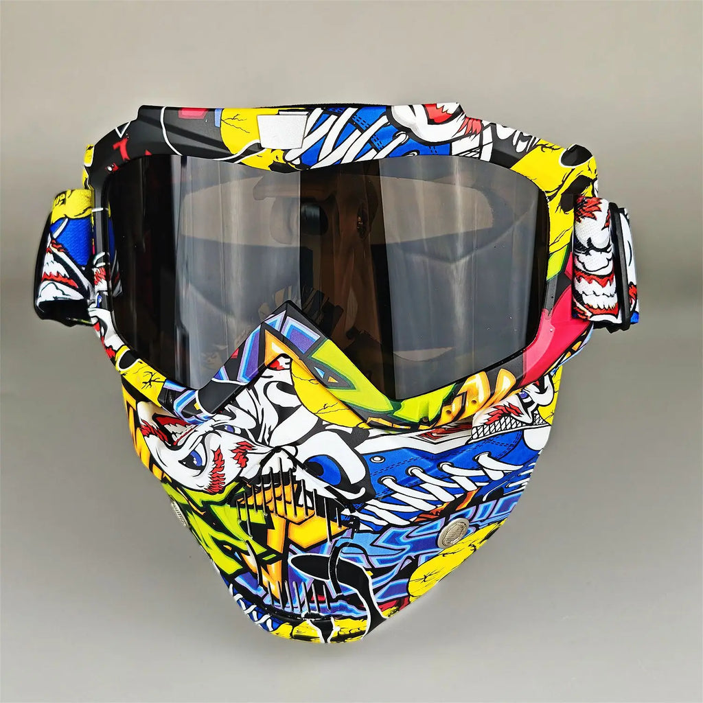 Motorcycle Glasses Riding Glases with Removable Face Mask, Removable Anti-fog Glasses, Mouth Filter, Adjustable Anti-slip Strap