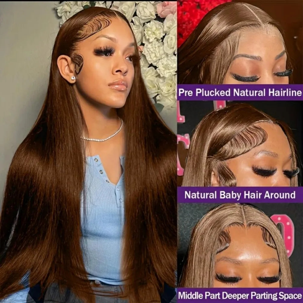 #4 Chocolate Brown Straight Wigs Natural Human Hair 13x4 13x6 HD Transparent Lace Frontal Wig Pre Plucked Wigs 200 Density 40 In