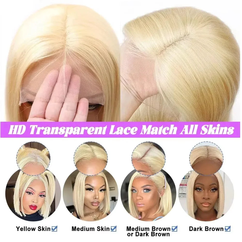 Honey Blonde Short Straight Bob Human Hair Wigs Brazilian Lace Front 613 Human Hair Wigs Pre Plucked HD Lace Wigs Remy Hair Wigs