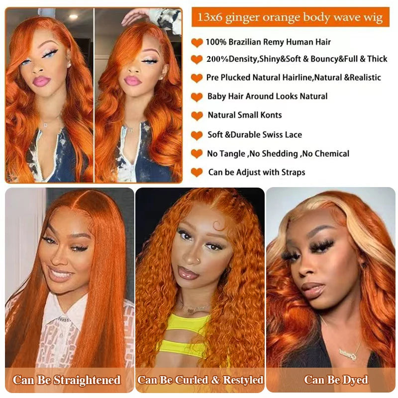 Ginger Orange Body Wave 13x6 Transparent Lace Front Wig Human Hair for Women #350 Colored Pre Plucked Natural Hairline 200%