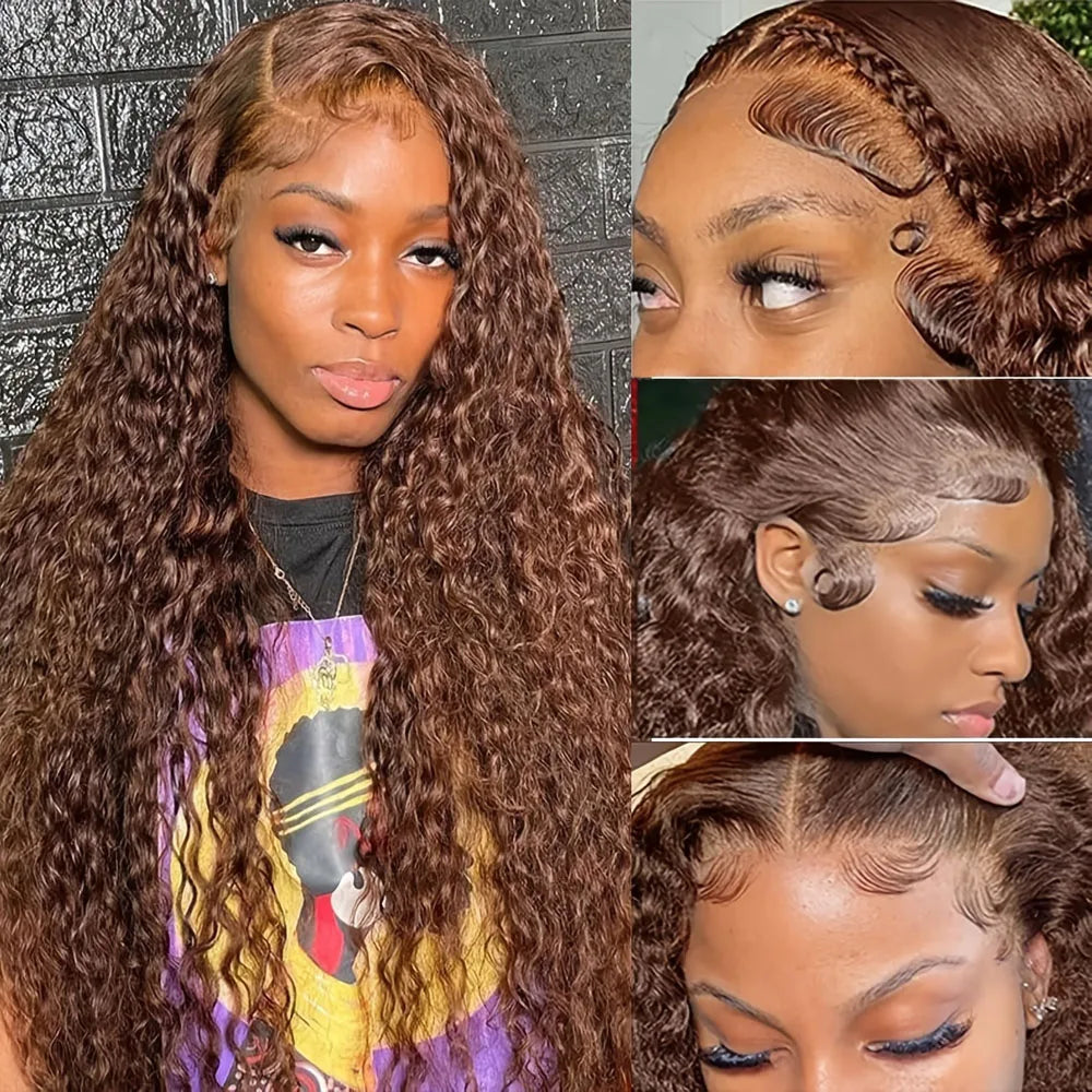 Chocolate Brown Human Hair Wigs Deep Wave 13X4 Hd Lace Frontal Wig Human Hair 250 Density Brazilian Hair For Women 34 Inch