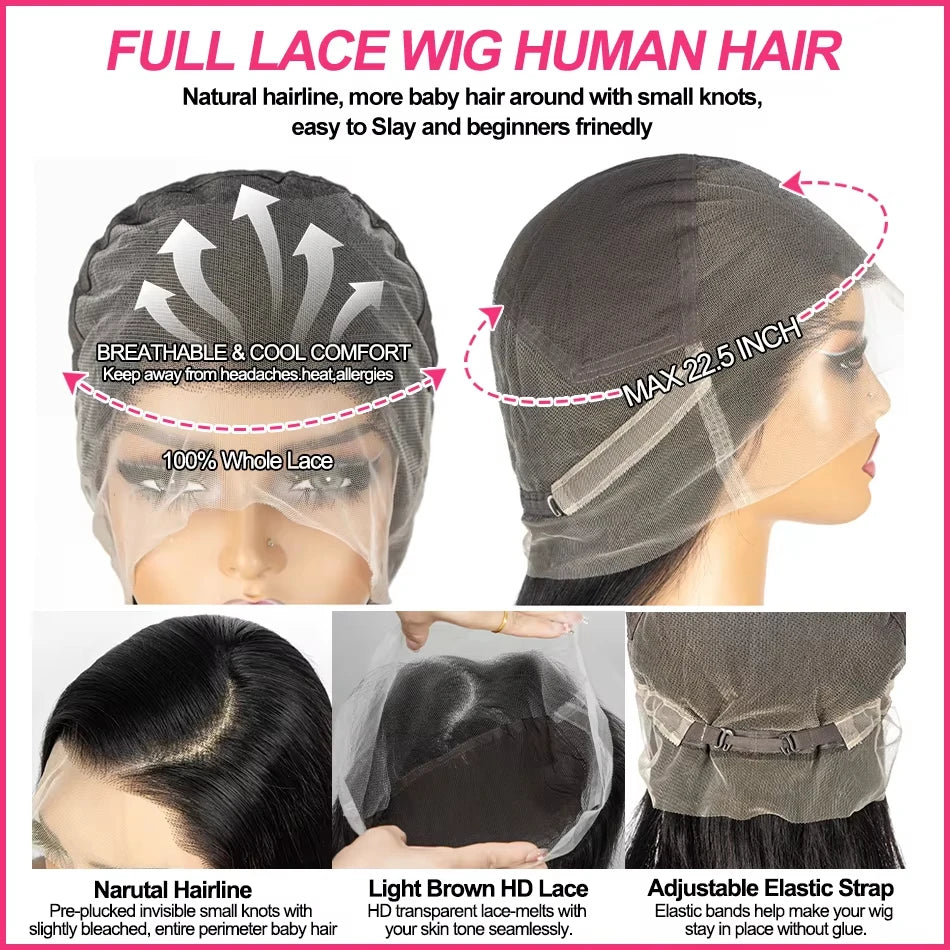 Ultra-thin Invisible Melt Skins 360 HD Full Lace Front Wigs Human Hair Can ponytail Invisible Strap Straight 13x4 Lace Front Wig