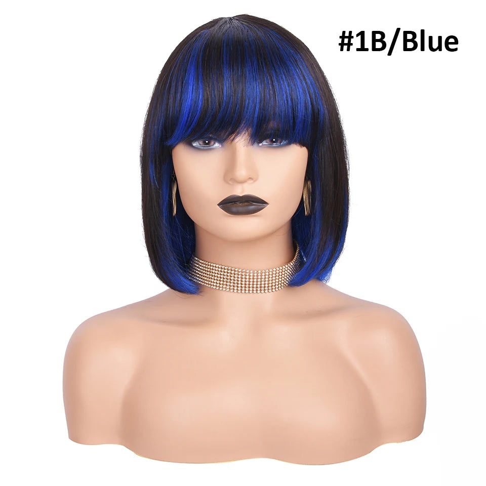 Purple Ombre Bob Straight Wigs Short BOB Human Hair Wigs With bangs Mix Color Bob Bangs Wigs P1B/27 Highlight Wigs For Party