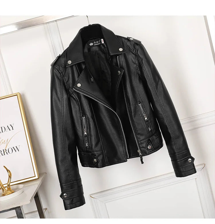 New Pink/beige/black Women's Clothing Short Motorcycle PU Leather Jacket Autumn JAdd Cotton Coats Lapels Zip Short Women Jackets