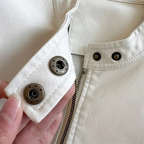 All-match Casual PU Short Leather Jacket 2025 New Spring Autumn Motorcycle Clothing Retro Fashion Women Coat White Black Outwear