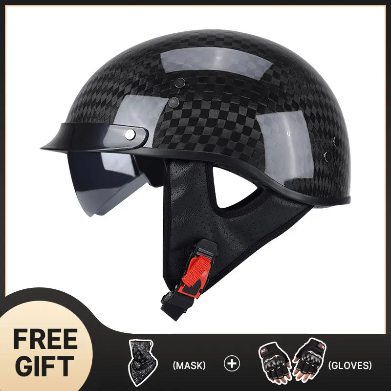 Light Weight 12K Gloss Black Carbon Fiber Scooter Motorcycle Half Face Helmet Motobike Helmet Inner Dark and Clear Lens