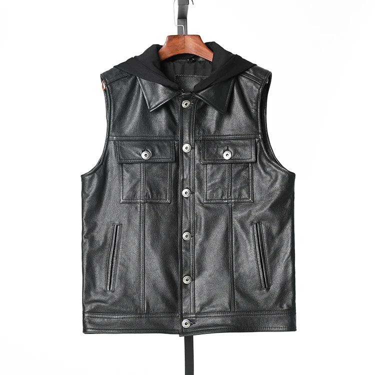 New Men's Genuine Leather Vest with Hood Denim Sle Motorcycle Jaet Youthful Springtime Faion Straight Hemline ort Length