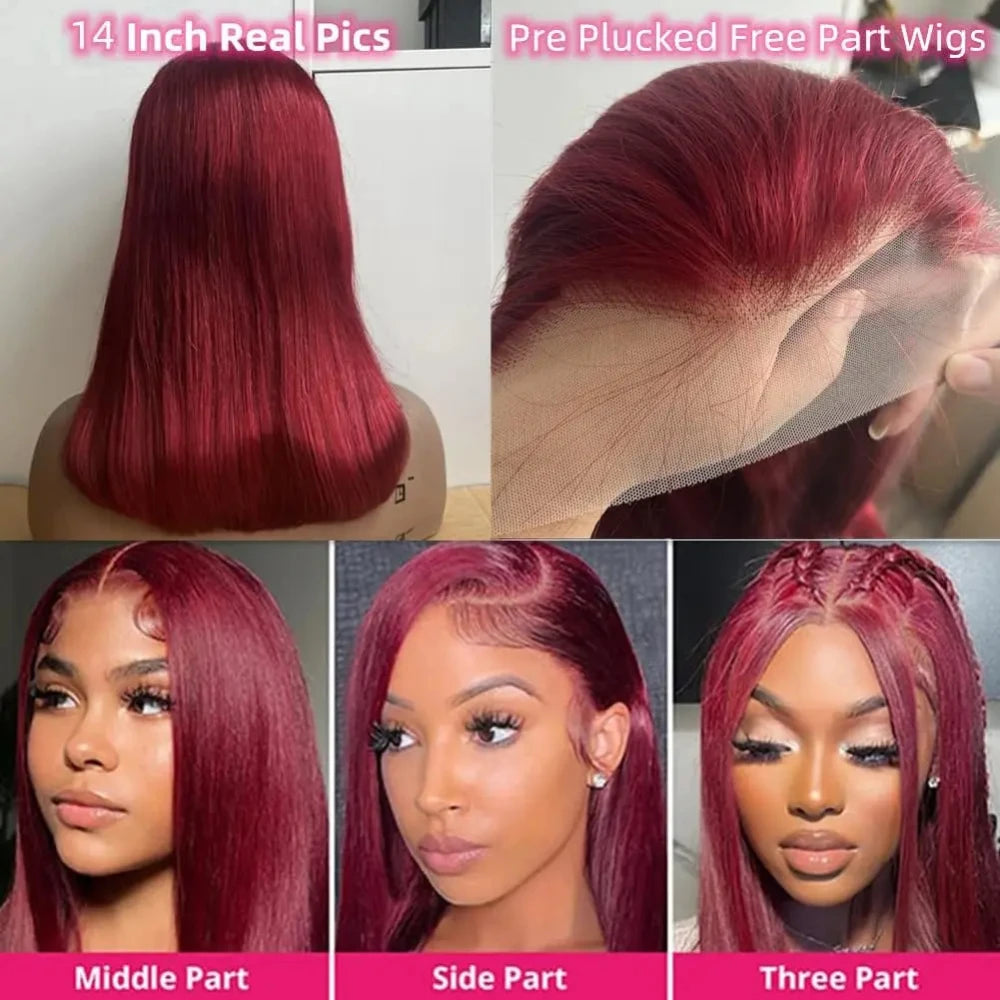 8-14 Inch 99J Bob Burgundy 200% Density Wigs Remy Human Hair Wigs 13x4 HD Lace Frontal Wigs Pre Plucked Remy Hair Brazilian Hair
