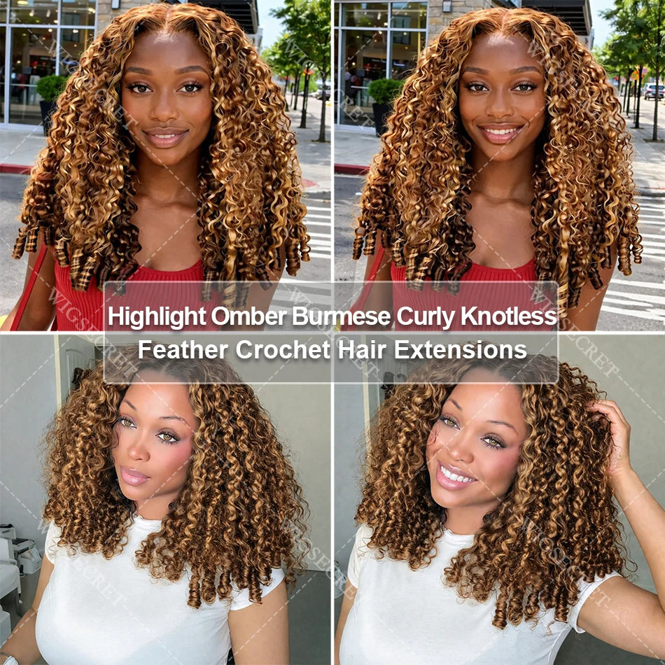 Miracle Knots Burmese Curly Crochet Human Hair Extensions Pre-Separated Knotless Ombre Highlight Feather Crochet Braids Hair