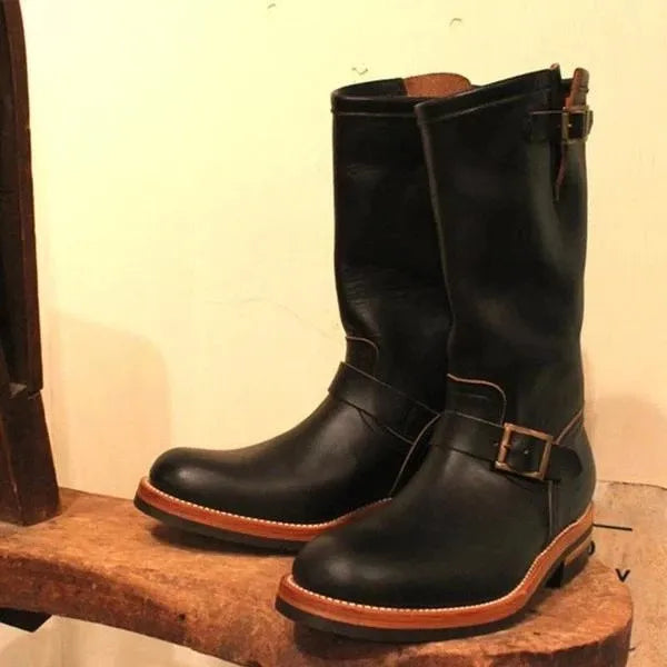 Men Retro Motorcycle Riding Boots Round Middle Boots Flat Bottomed Boots Men Trendy PU Leather Shoes Botas Para Moto Hombre