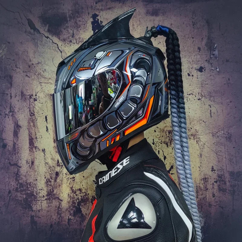 Full face helmet motorcycle riding helmet safety double lens Racing helmet Individuality braids horns
