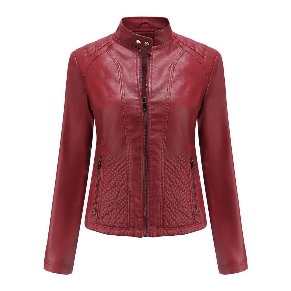Women's Long Sleeved Zipper Motorcycle Jacket, Casual Leather Jacket, Simple and Trendy Clothing, Autumn and Winter popular