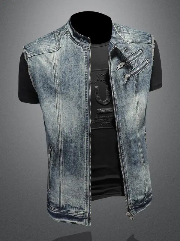 Retro Denim Motorcycle Riding Vest Men's Fashion Spring Autumn New Style Sleeveless Biker Vest Harley Riding Jacket
