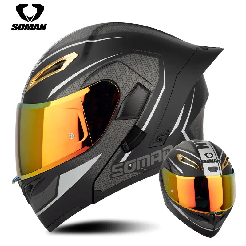 SOMAN Full Face Helmet Dual Lens Flip Up Motorcycle Helmets Casco Accessories Men Women Casque Moto Racing DOT Approved Visor
