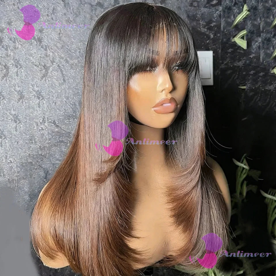 Silky Straight Human Hair With Bangs Ombre Dark Brown Brazilian Pre Plucked Finger 5x5 Silk Top Closure Wigs 13x6/360 Lace Wigs