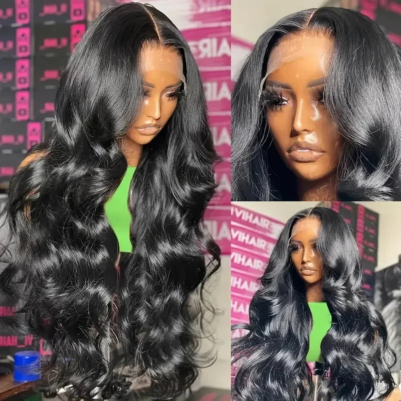 Pre-Plucked Natural Black Body Wave 13x4 HD Transparent Lace Front Wig Human Hair Wigs 180% Density Lace Frontal Wig