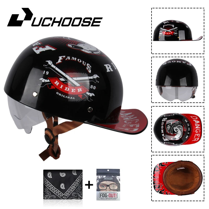 Uchoose Baseball Cap Helmet Motorcycle Vintage Retro Helmets Summer Open Face Scooter Cruiser Chopper Gangster DS Men Women Kid