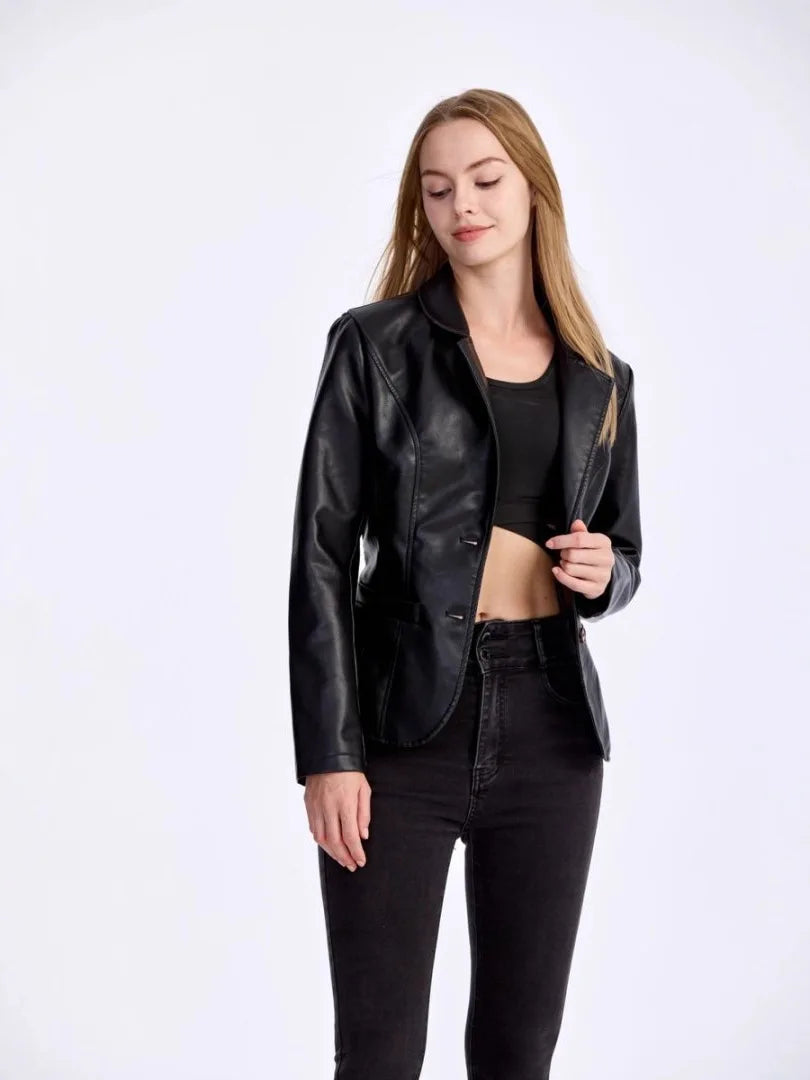 Korean version lapel PU leather jacket, women's slim fit, thin motorcycle suit jacket, autumn jacket, women's clothing