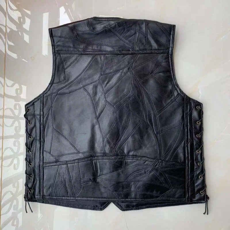 Motorcycle Vest Men's Stitching Sheepskin Leather Waistcoat V-Neck Street Style Cool Motorcycle Jacket Motocross Equipment